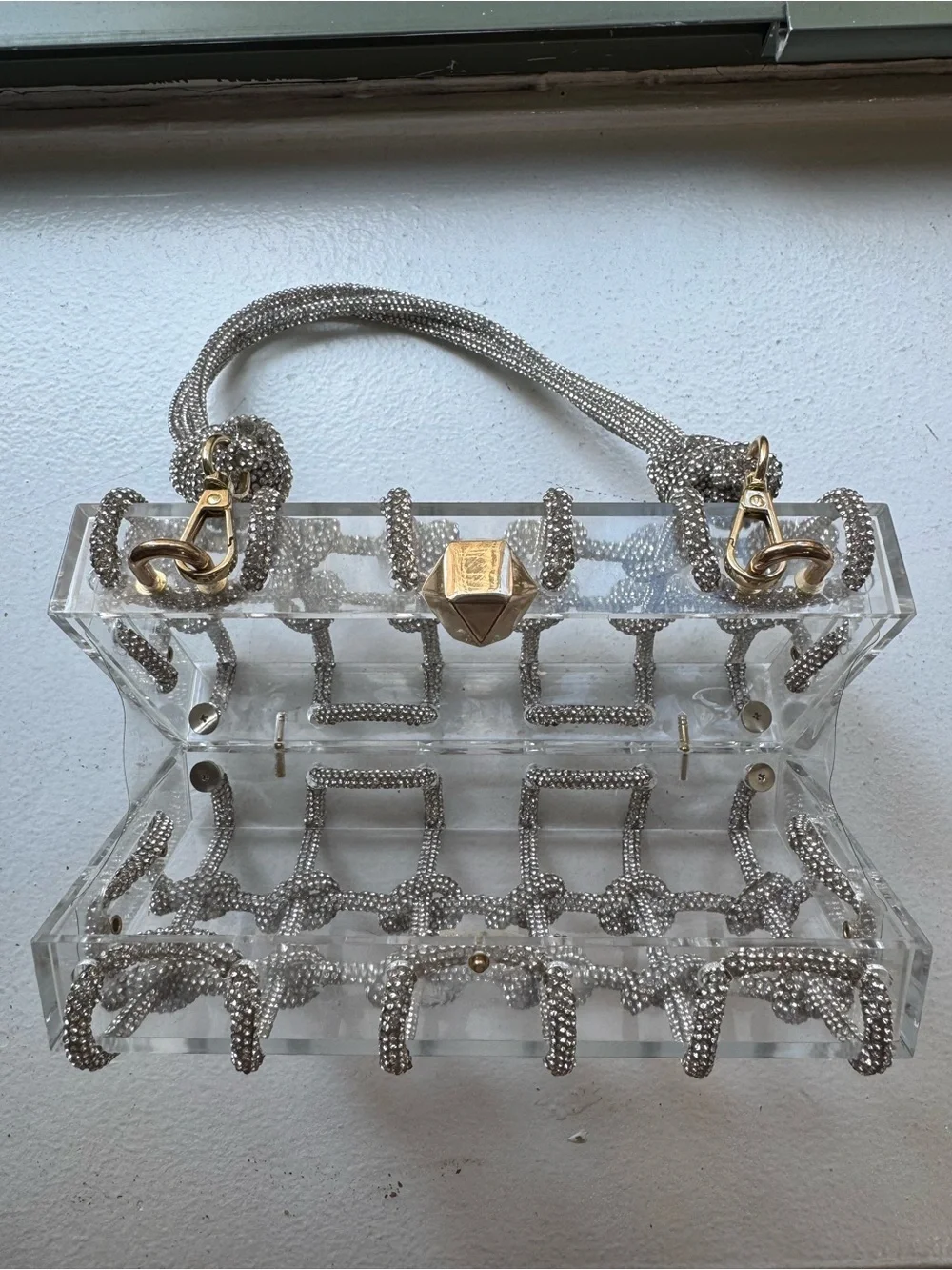 Crystal Rhinestone Clear Acrylic Box Clutch Evening Bag with Detachable Strap